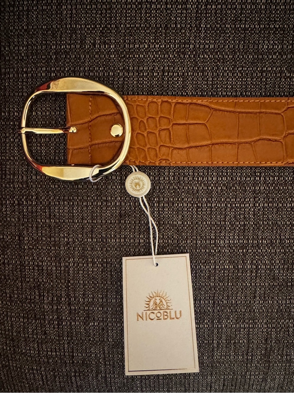 Women’s Tan Croc-Embossed Leather Belt with Gold Buckle